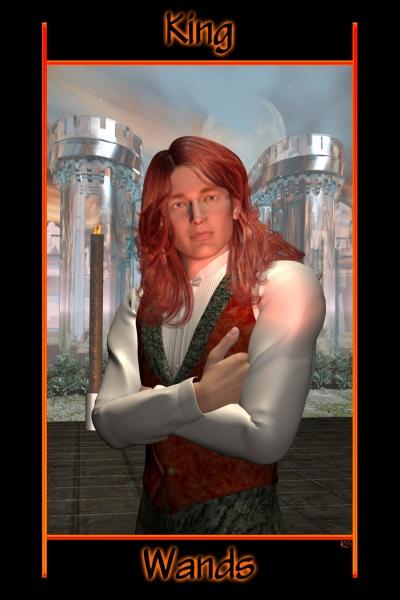 The Tarot of the Night by Schiffer Publishing, Ltd. features a digital King of Wands: a long-haired figure in formal attire stands confidently with arms crossed, framed by castle towers and a fiery wand. "King of Wands" appears above and below the illustration.
