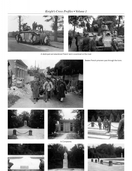Knight's Cross Profiles Vol.1 by Schiffer Publishing, Ltd. features black-and-white photos of Wehrmacht soldiers inspecting a destroyed tank, escorting prisoners, and showing monuments and memorials in a tree-lined setting.