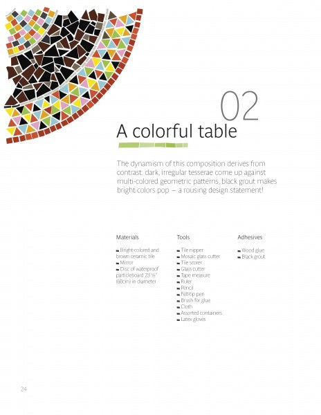 A Beginner’s Guide to Mosaics by Schiffer Publishing, Ltd. introduces beginners to mosaic art with dark, irregular tiles bordered by bright tesserae. Materials, tools, and adhesives for basic techniques are listed below on a white background.
