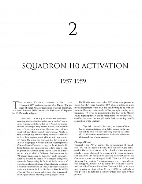 A black and white page from "Vultures Over Israel" by Schiffer Publishing, Ltd. details Squadron 110's history, its use of the Vautour in Israeli service, and activities before the Six Day War.