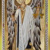 A winged angel in white and gold Byzantine robes holds a sword and scales, with a golden halo. Ornate borders and "VIII - JUSTICE" frame this card from The Byzantine Tarot by Schiffer Publishing, Ltd.