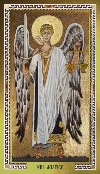 A winged angel in white and gold Byzantine robes holds a sword and scales, with a golden halo. Ornate borders and "VIII - JUSTICE" frame this card from The Byzantine Tarot by Schiffer Publishing, Ltd.