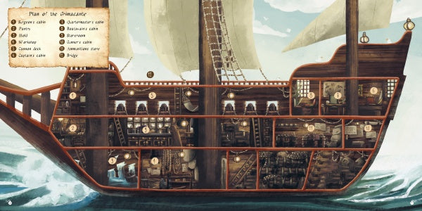 Discover Pirates Escape Game by Schiffer Publishing, Ltd.—an educational puzzle featuring a detailed cross-section of a wooden sailing ship with labeled sections like captain’s cabin and galley, ideal for exploring pirate life and ship secrets.