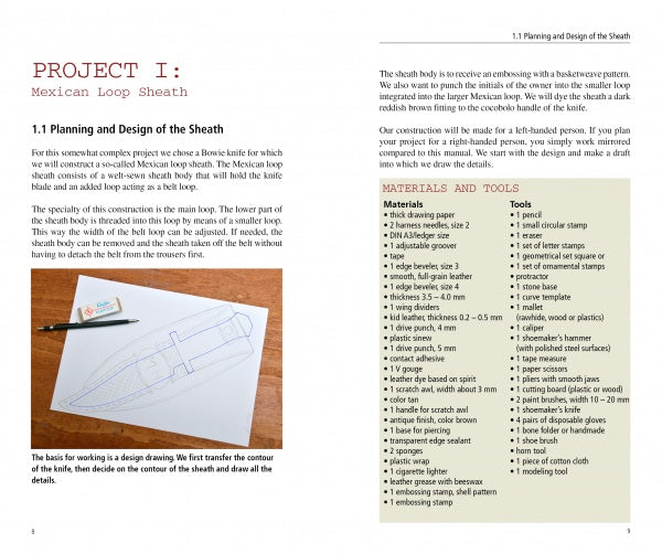 In Making Leather Knife Sheaths, Volume 3 by Schiffer Publishing, Ltd., one spread shows a sheath sketch and instructions on the left page, with materials, tools, and detailed welted fixed blade sheath steps on the right.