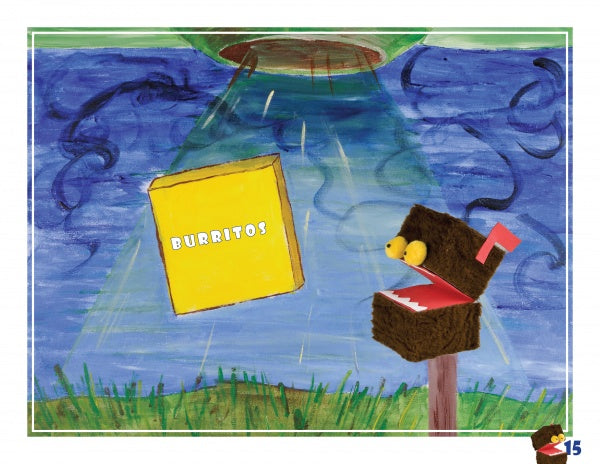 A brown puppet gazes at a yellow Super Burrito box beamed down by a green UFO in a vibrant outdoor scene—an ideal cover for "The Evil Mailbox and the Super Burrito" by Schiffer Publishing, Ltd., perfect for middle grade readers.