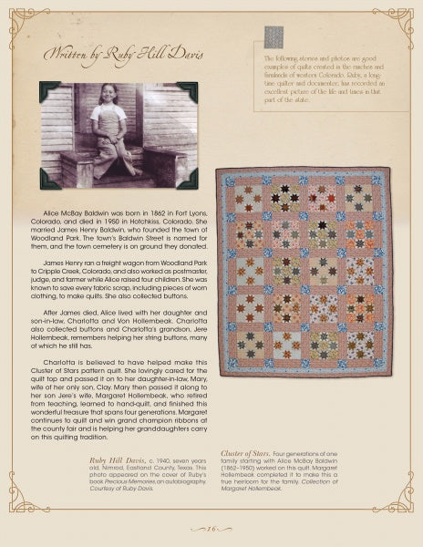 A scrapbook page in "Colorado Quilting" by Schiffer Publishing, Ltd. shows a sepia photo of a young girl with a star-patterned patchwork quilt, celebrating Colorado's quilting history and Alice McKay Baldwin's legacy.