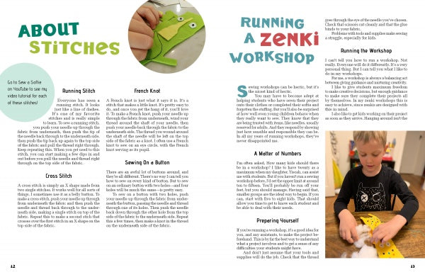 A magazine spread from Schiffer Publishing, Ltd.'s "The Zenki Way" shows photos of hands stitching a green felt frog and a child sewing white fabric, plus hand-sewn softie tips and colorful headers like About Stitches and Running a Zenki Workshop.
