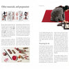 A two-page spread from "An Introduction to Japanese Calligraphy" by Schiffer Publishing, Ltd. features text on calligraphy, photos of seals, ink, tools, and a woman kneeling on a red mat practicing kanji brush techniques.