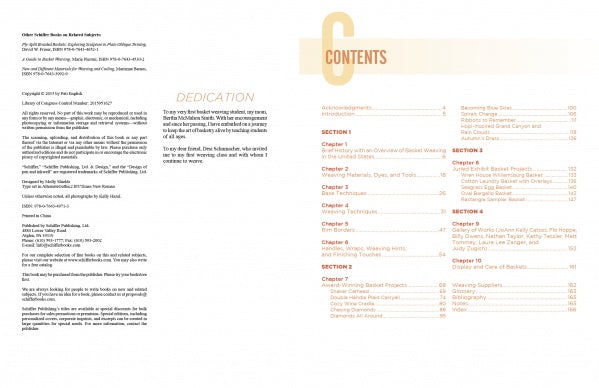 On the left, “Award-Winning Basket Designs” by Schiffer Publishing, Ltd. features a dedication page; on the right, its table of contents lists chapters and weaving patterns under bold orange “CONTENTS.”.