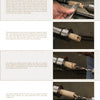 Schiffer Publishing, Ltd.’s "Turning Modified Slimline Pens" provides step-by-step woodworking instructions with close-up images of woodturning and drilling a pen blank, clearly showing hands and tool use on a beige background.