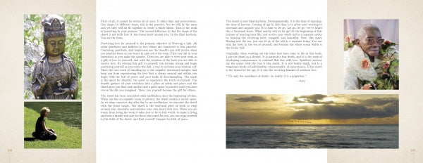 A two-page spread from "The Art of Weaving a Life" by Schiffer Publishing, Ltd. shows text and four images: a serene statue, a person sitting cross-legged on grass, an ocean sunset, and an elderly person with garlands—each capturing inner richness.