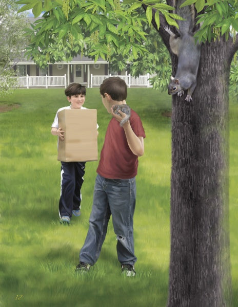 Two boys stand on grass near a tree in front of a house. One holds a box, smiling, while the other holds a rock and looks at a baby squirrel on the trunk—an ideal scene from "Squirrel Rescue" by Schiffer Publishing, Ltd., perfect for wildlife rescue stories.