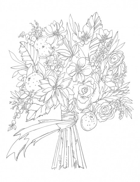 Line drawing bouquet featuring flowers, leaves, and fruits tied with a ribbon—ideal for fans of fall florals and Kristy's Fall Cutting Garden by Schiffer Publishing, Ltd., in Kristy Rice’s watercolor coloring book style.