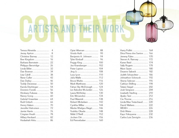 In "Art Glass Today 2" by Schiffer Publishing, Ltd., the "Artists and Their Work" table of contents pairs artists' names with page numbers; five vibrant contemporary glass pendant lights are pictured in the top right corner.