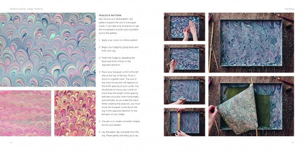 Open book spread from Marbling by Schiffer Publishing, Ltd. Left page shows completed marbling projects; right page features step-by-step photos of dipping and lifting paper to create a peacock pattern.