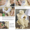 A step-by-step photo guide from Schiffer Publishing, Ltd.'s "Carving a Bull Fighter & the Bull" shows hands carving a caricature matador using paper templates, rounding edges, shaping details, and using protective finger tape with carving tools.
