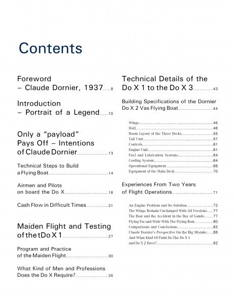 Table of contents page for Dornier Do X by Schiffer Publishing, Ltd., with sections like foreword, introduction, technical details, flight operations, and two years of international airliner operations.