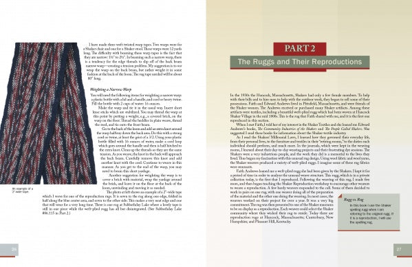 Two pages from Weaving Shaker Rugs by Schiffer Publishing, Ltd. are shown: the left page has text and a vertical photo of a patterned woven rug; the right page shows "PART 2: The Rugs and Their Reproductions" on a beige background.