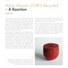 A magazine page spotlights “Robin Wood's CORES Recycled” by Schiffer Publishing, Ltd., with an article on unique recycled wood art and a photo of a small red round box with yellow and black circles.
