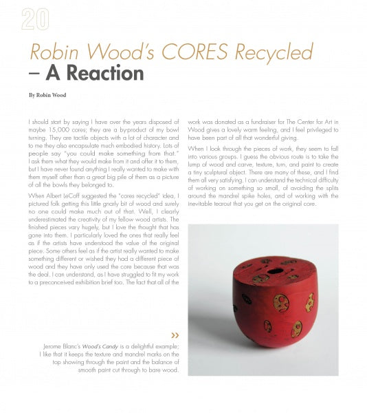 A magazine page spotlights “Robin Wood's CORES Recycled” by Schiffer Publishing, Ltd., with an article on unique recycled wood art and a photo of a small red round box with yellow and black circles.