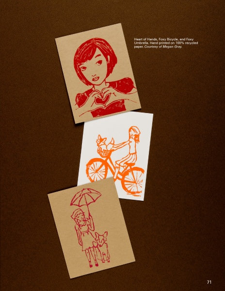 Three illustrated cards from "Today's Top Stationery Artists 2" by Schiffer Publishing, Ltd.: a girl making a heart, two girls bicycling, and a girl holding an umbrella over a fox on a brown background.