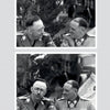 Two black-and-white photos from "The Leibstandarte in Greece" (Schiffer Publishing, Ltd.) show two uniformed Waffen-SS men with Nazi insignia talking outdoors, likely members of the Leibstandarte SS Adolf Hitler in Greece, 1941.