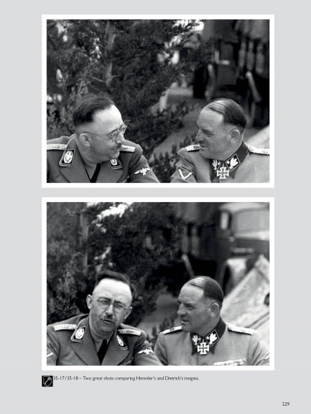 Two black-and-white photos from "The Leibstandarte in Greece" (Schiffer Publishing, Ltd.) show two uniformed Waffen-SS men with Nazi insignia talking outdoors, likely members of the Leibstandarte SS Adolf Hitler in Greece, 1941.