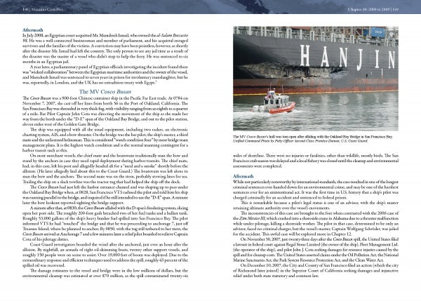 A large cargo ship docks by the shore in a mountainous landscape as a small orange and white boat passes nearby, capturing the scale of maritime industry depicted in "Maritime Casualties" by Schiffer Publishing, Ltd.