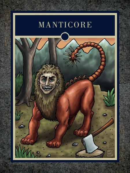 A fantasy card illustration from The Mythical Creatures Oracle by Schiffer Publishing, Ltd. depicts a manticore—lion’s body, human-like face, spiked tail—standing in a forest by an axe, ideal for mythology enthusiasts.