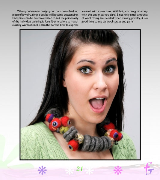 A woman with long dark hair wears a chunky felt and yarn necklace. She has light makeup, green eyes, and a green top. "Making Simple Felted Jewelry" by Schiffer Publishing, Ltd. is featured in the text framing the photo above and below.