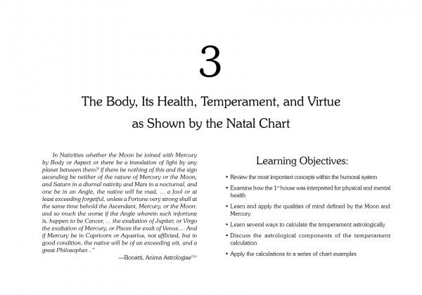 A textbook page titled “3 The Body, Its Health, Temperament, and Virtue as Shown by the Natal Chart” includes a Bonatti quote and learning objectives inspired by Schiffer Publishing, Ltd.’s Traditional Medical Astrology.