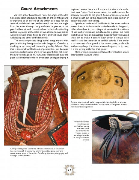 A magazine page features Schiffer Publishing, Ltd.'s "Antler Art for Baskets and Gourds," showcasing decorated rattles and close-ups of gourd attachments with leather, beads, and antler spikes plus step-by-step project instructions.