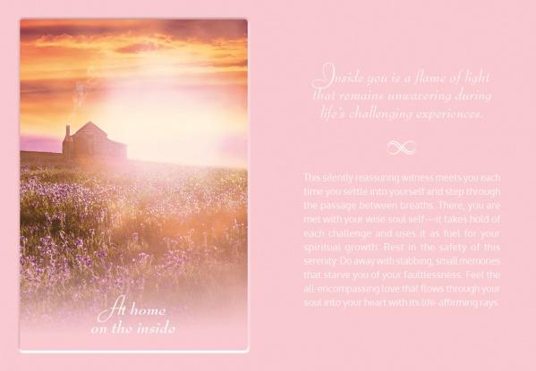 A soft, dreamy image of a house at sunrise with grass and pink-purple light. Elegant text overlays read: TLC for the Soul by Schiffer Publishing, Ltd.—an inspiring 33-card deck filled with uplifting messages.
