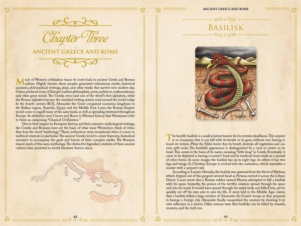 Two pages from "Monsters and Mythical Creatures from around the World" by Schiffer Publishing, Ltd.: the left covers Chapter Three on Ancient Greece and Rome with myths, legends, and a map; the right depicts a red basilisk atop bones, detailed text below.