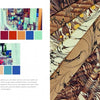 A magazine spread featuring urban photo-inspired color palettes on the left and a detailed brown, cream, and gold marbling pattern from "Marbling" by Schiffer Publishing, Ltd. on the right.