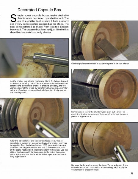 Turning Boxes with Friction-Fitted Lids" by Schiffer Publishing, Ltd. is a woodworking guide featuring step-by-step instructions and close-up photos on shaping and chiseling round capsule boxes on a lathe.
