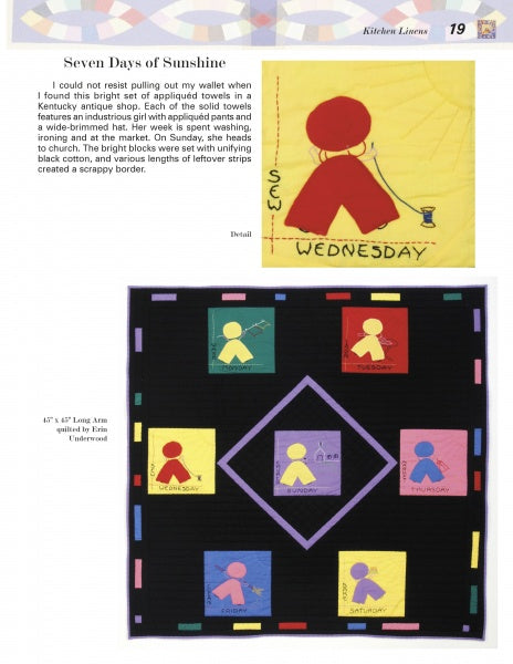 A Quilted Memory by Schiffer Publishing, Ltd.: The top quilt has a vibrant block with a red and yellow appliquéd figure beside a teacup labeled "Wednesday"; the larger vintage-inspired quilt below shows blocks for each day of the week.