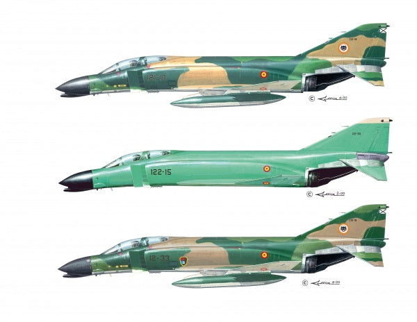 Three side-view illustrations of Spanish Air Force McDonnell-Douglas F-4C/RF-4C Phantom II jets, in green camouflage with roundels and IDs 122-01, 122-15, and 122-33. Brand: Schiffer Publishing, Ltd.