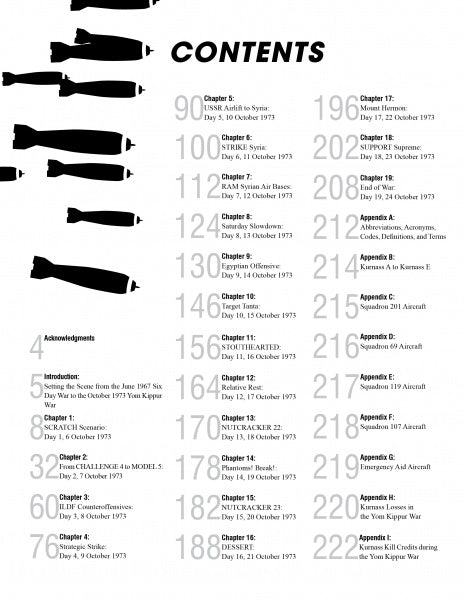 The table of contents in "Ghosts of Atonement" (Schiffer Publishing, Ltd.) features black missile silhouettes on the left and bolded chapter titles with subheadings and date ranges about the Israeli Air Force and Yom Kippur War on the right.