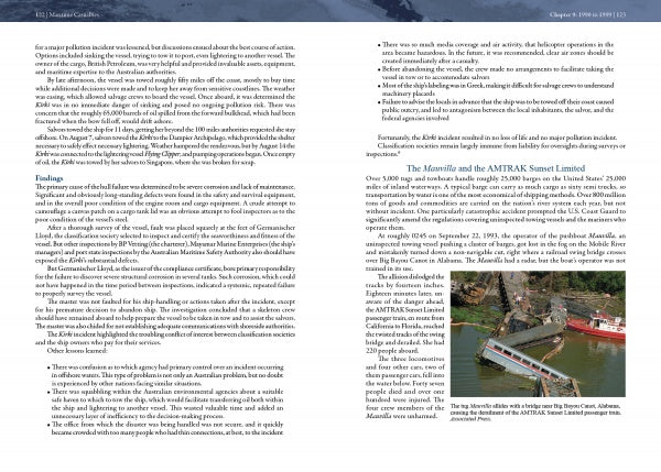 A page from "Maritime Casualties" by Schiffer Publishing, Ltd. discusses rail safety and the 1998 AMTRAK Sunset Limited crash's maritime ties, featuring a color photo of a derailed train with responders on a bridge over water in the lower right corner.