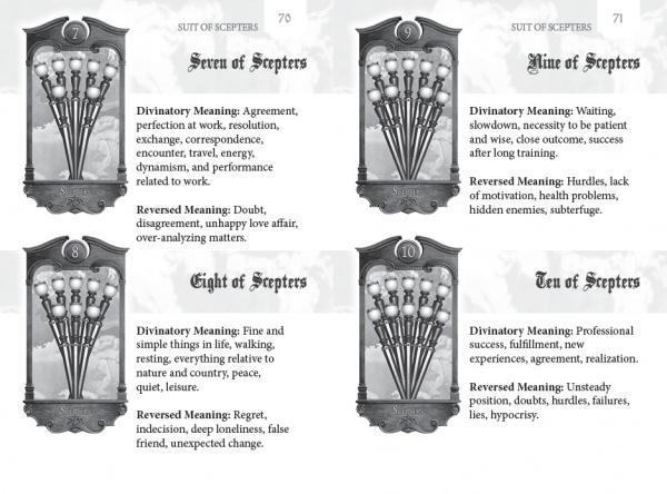 Four cards—Seven, Eight, Nine, and Ten of Scepters—from the Shakespearean Tarot by Schiffer Publishing, Ltd. reveal upright and reversed meanings, each interpreted using Jungian archetypes.