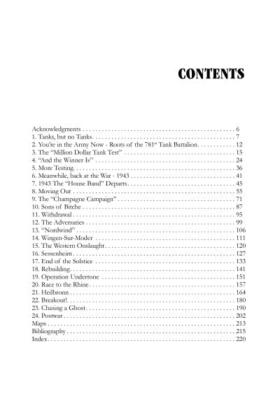 Table of contents from "Duty Before Self: The Story of the 781st Tank Battalion in World War II" by Schiffer Publishing, Ltd., listing chapters on the 781st Tank Battalion, Sherman Easy Eight, WWII events, operations, maps, and an index.