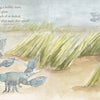 Vibrant illustration from Schiffer Publishing, Ltd.'s "The Lobsters' Night Before Christmas" shows three blue-green lobsters on sandy ground near sea grass, one emerging from a burrow, with light waves and shadow figures above. Text overlays this undersea scene.