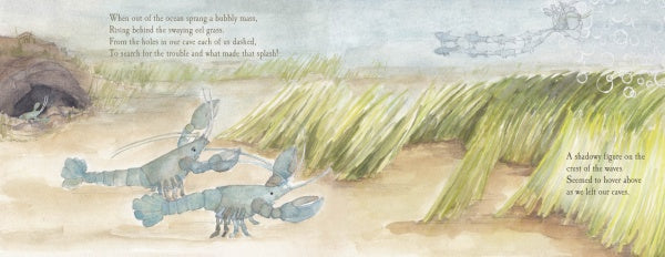 Vibrant illustration from Schiffer Publishing, Ltd.'s "The Lobsters' Night Before Christmas" shows three blue-green lobsters on sandy ground near sea grass, one emerging from a burrow, with light waves and shadow figures above. Text overlays this undersea scene.