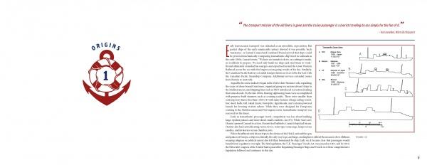 A two-page magazine spread for A Cruise Ship Primer by Schiffer Publishing, Ltd.: the left page shows a red anchor and lifebuoy with “Origins 1,” while the right has text, a top quote, and several scientific line graphs on cruise ship history at the bottom right.