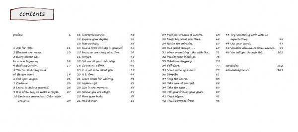 The table of contents for Manifesting Your Greatness by Schiffer Publishing, Ltd. lists chapters like asking for help, risk, confidence, failure, magic, and advice—ideal for a wisdom cards guidebook from preface to acknowledgements.
