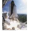 A space shuttle launches, flames and smoke blazing—a tribute to NASA: Space Flight Research and Pioneering Developments by Schiffer Publishing, Ltd. The upright shuttle features the USA flag and NASA logo with towers and green landscape behind.