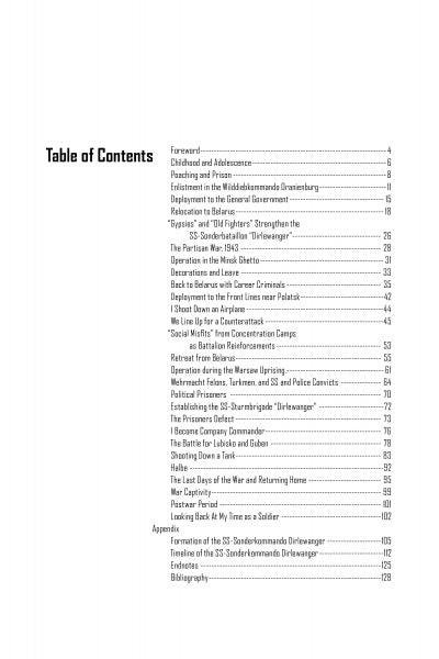 The table of contents for "The SS-Sonderkommando Dirlewanger: A Memoir" by Schiffer Publishing, Ltd. lists chapters such as Childhood and Adolescence and Operation in the Minsk Ghetto in a clear, organized, and user-friendly layout.
