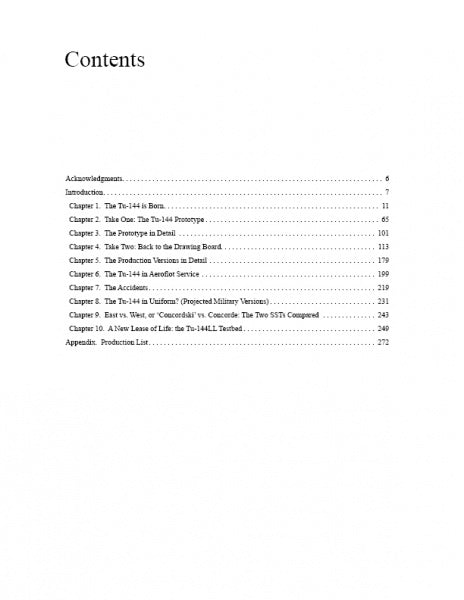Table of contents page for "Tupolev Tu‑144" by Schiffer Publishing, Ltd., listing chapters on its development, prototype, commercial service, accidents, military version, technical comparisons, and production list.