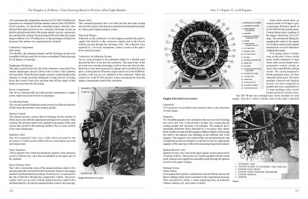 A spread from "The Douglas A-20 Havoc" by Schiffer Publishing, Ltd. shows black-and-white photos and diagrams of WWII bomber engines, with numbered labels and detailed explanations of components and electrical accessories.